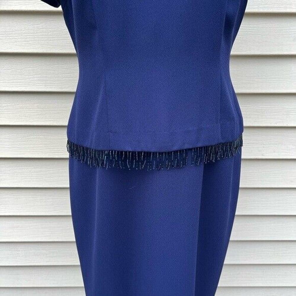 Navy blue vintage donna Morgan short sleeve round neck midi dress w/ beaded - Picture 4 of 9